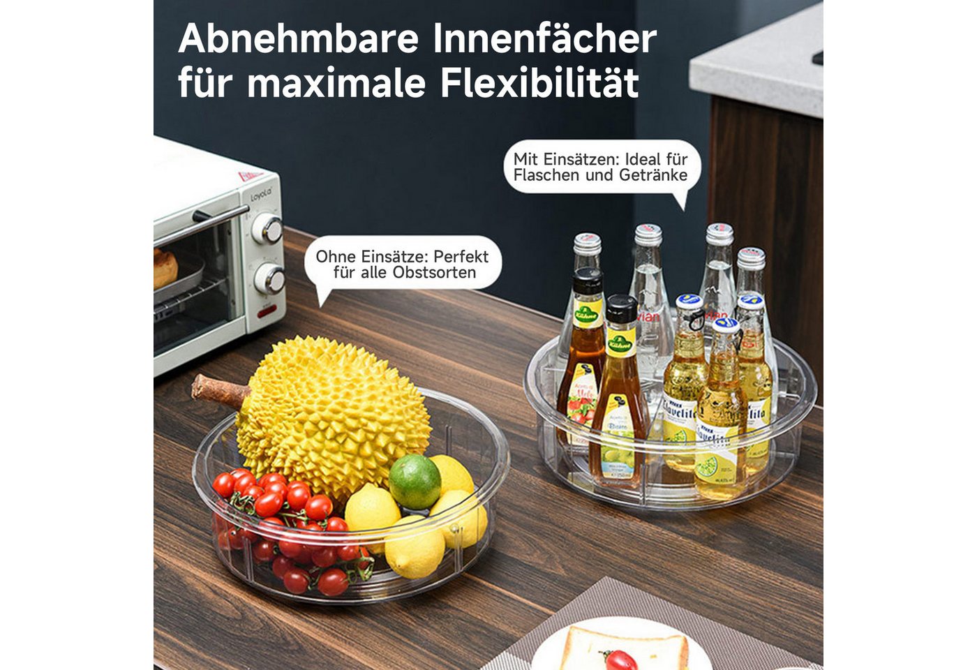 OSTWOLKE Gewürzregal 30cm Drehteller Kühlschrank Organizer für Flaschen, Gewürzen, 360° Drehbar, mit 4 abnehmbare Trennwände Bild 4