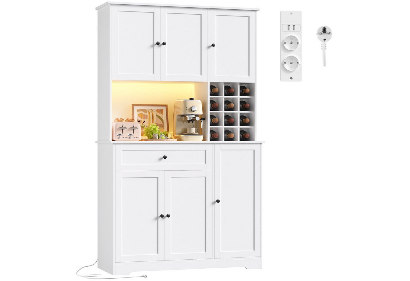 Homfa Küchenbuffet Küchenschrankmit LED, Steckdosenleiste & Weinregal Buffetschrank Sideboard weiß mit Steckdosenleiste & Arbeitsplatte 180x100x39cm