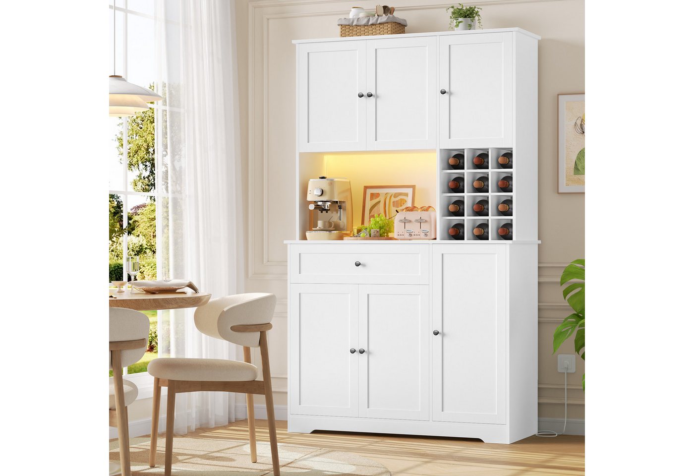 Homfa Küchenbuffet Küchenschrankmit LED, Steckdosenleiste & Weinregal Buffetschrank Sideboard weiß mit Steckdosenleiste & Arbeitsplatte 180x100x39cm Bild 2
