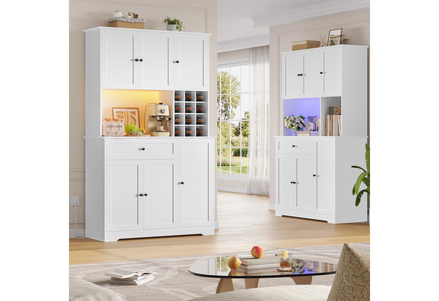 Homfa Küchenbuffet Küchenschrankmit LED, Steckdosenleiste & Weinregal Buffetschrank Sideboard weiß mit Steckdosenleiste & Arbeitsplatte 180x100x39cm Bild 4