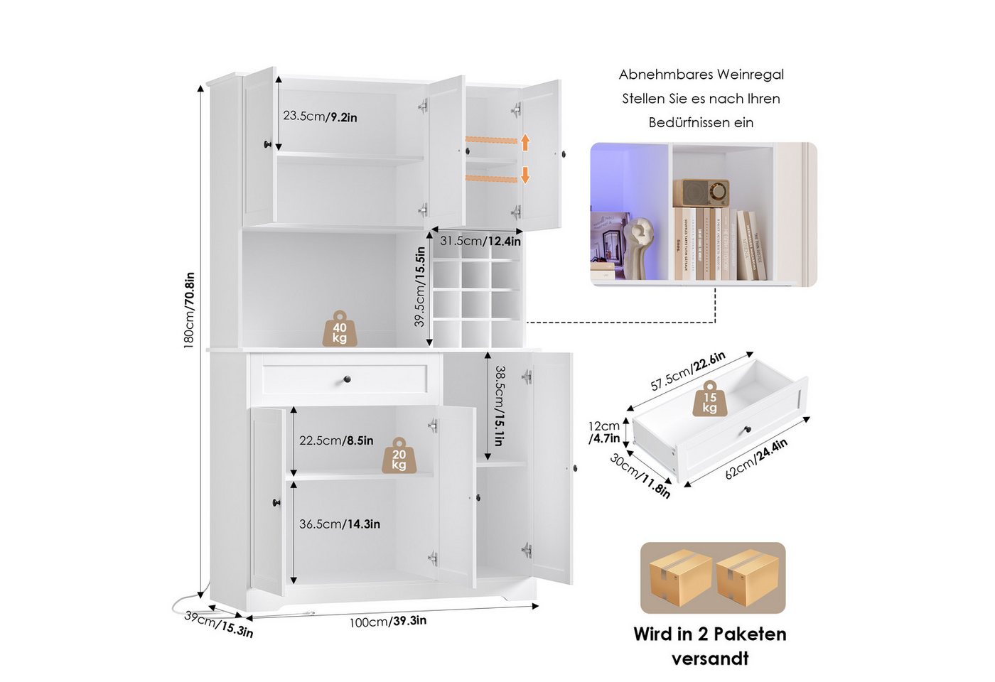 Homfa Küchenbuffet Küchenschrankmit LED, Steckdosenleiste & Weinregal Buffetschrank Sideboard weiß mit Steckdosenleiste & Arbeitsplatte 180x100x39cm Bild 5