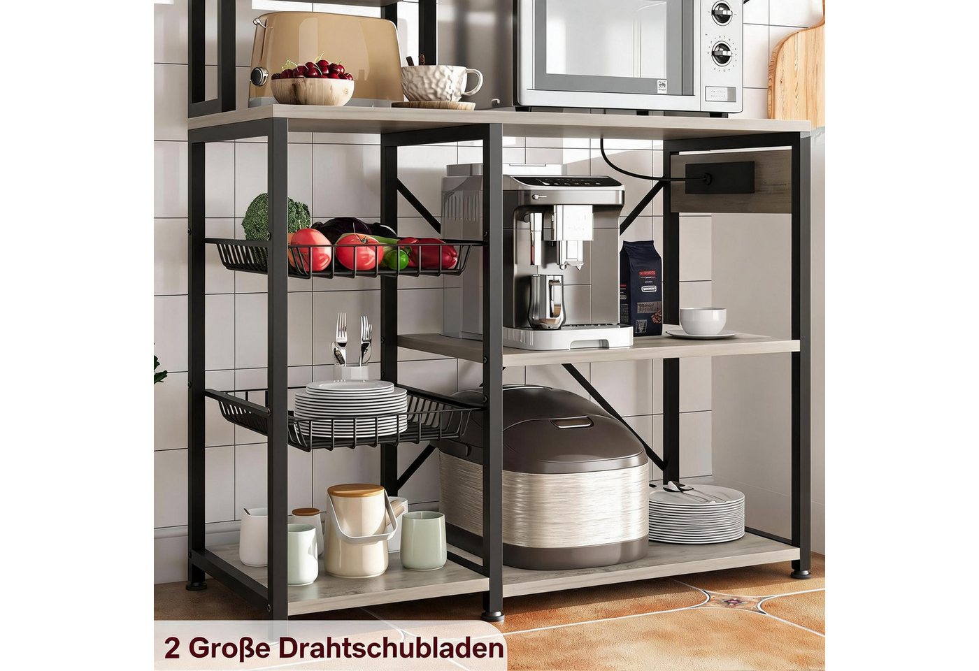 GarveeMore Standregal Küchenregal Mehrzweckregal Ablageregal mit Steckdose, Drahtkorb, Haken, 1-tlg., Hoch 178 cm, 7-stöckiges Schwerlastregal Gewürzregal Stauraumregal