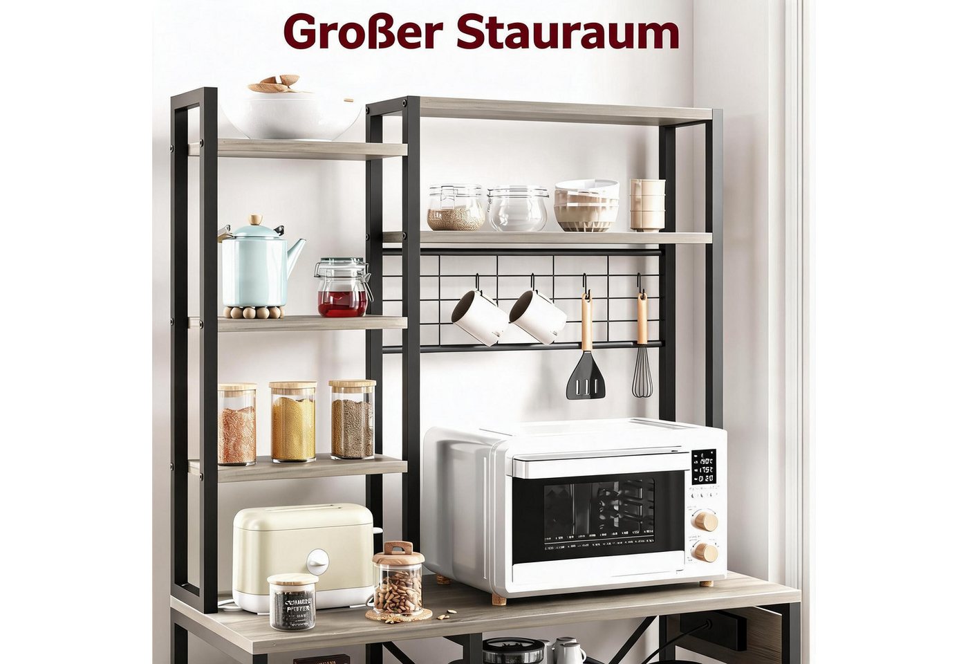 GarveeMore Standregal Küchenregal Mehrzweckregal Ablageregal mit Steckdose, Drahtkorb, Haken, 1-tlg., Hoch 178 cm, 7-stöckiges Schwerlastregal Gewürzregal Stauraumregal Bild 5