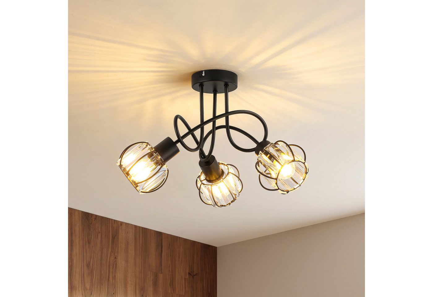 BlingBin Deckenstrahler Kristall 3-flammig, E14 Deckenleuchte 46 cm, modernes Schwarz Eisen, ohne Leuchtmittel, Deckenlampe Deckenspot für Küche, Schlafzimmer, Wohnzimmer