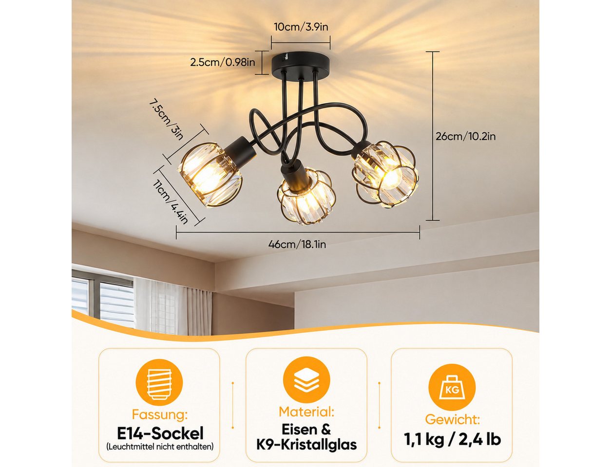 BlingBin Deckenstrahler Kristall 3-flammig, E14 Deckenleuchte 46 cm, modernes Schwarz Eisen, ohne Leuchtmittel, Deckenlampe Deckenspot für Küche, Schlafzimmer, Wohnzimmer Bild 2