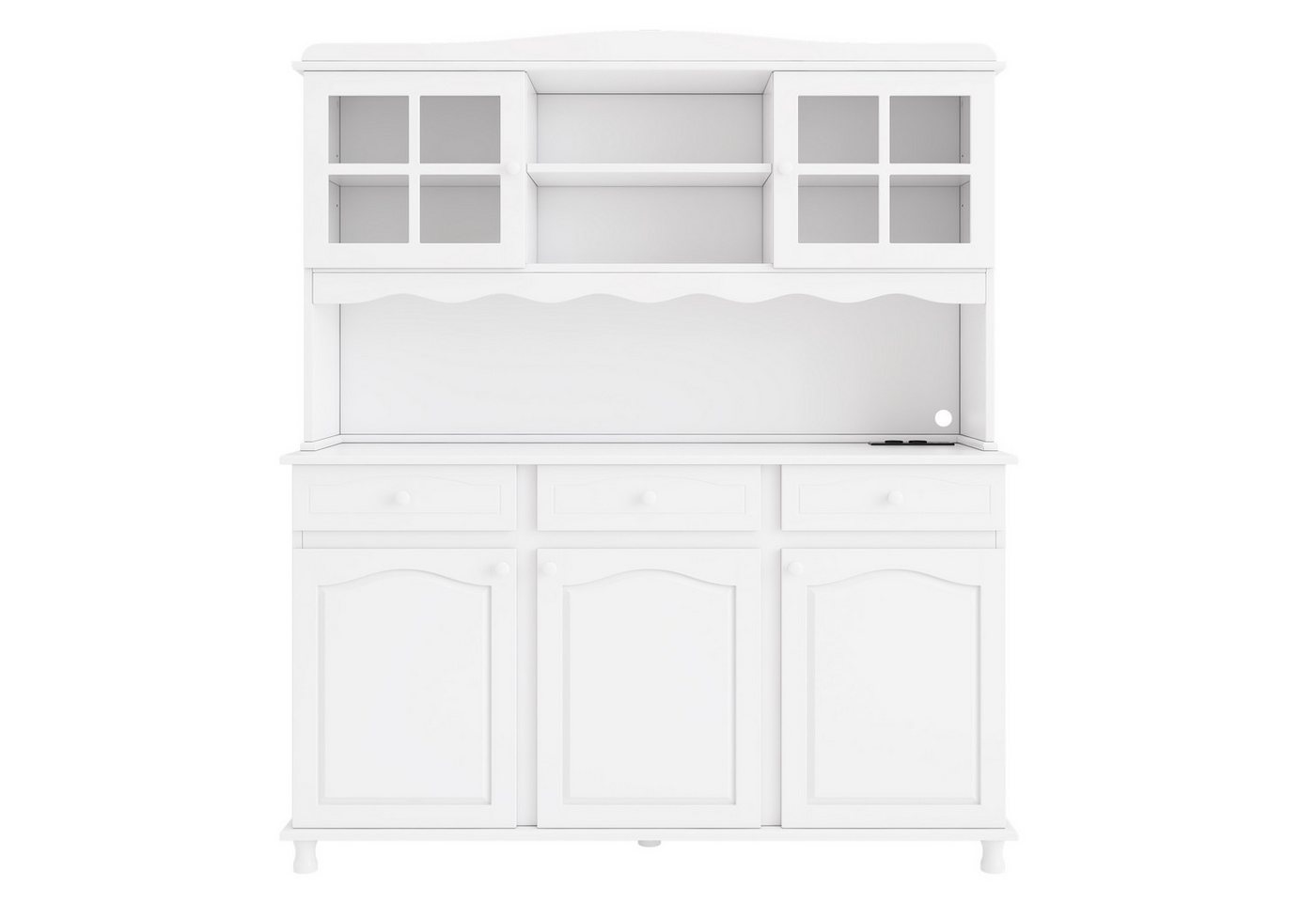 Flieks Küchenbuffet Hochschrank Glasvitrine mit Arbeitsplatte, Steckdosen, LED-Beleuchtung (B135/T40/H185 cm, 1-St., verstellbare Einlegeböden, Retro-Rohrfuß, Ladenfunktion) multifunktionaler Vorratsschrank mit Glastüren, Schubladen Weiß