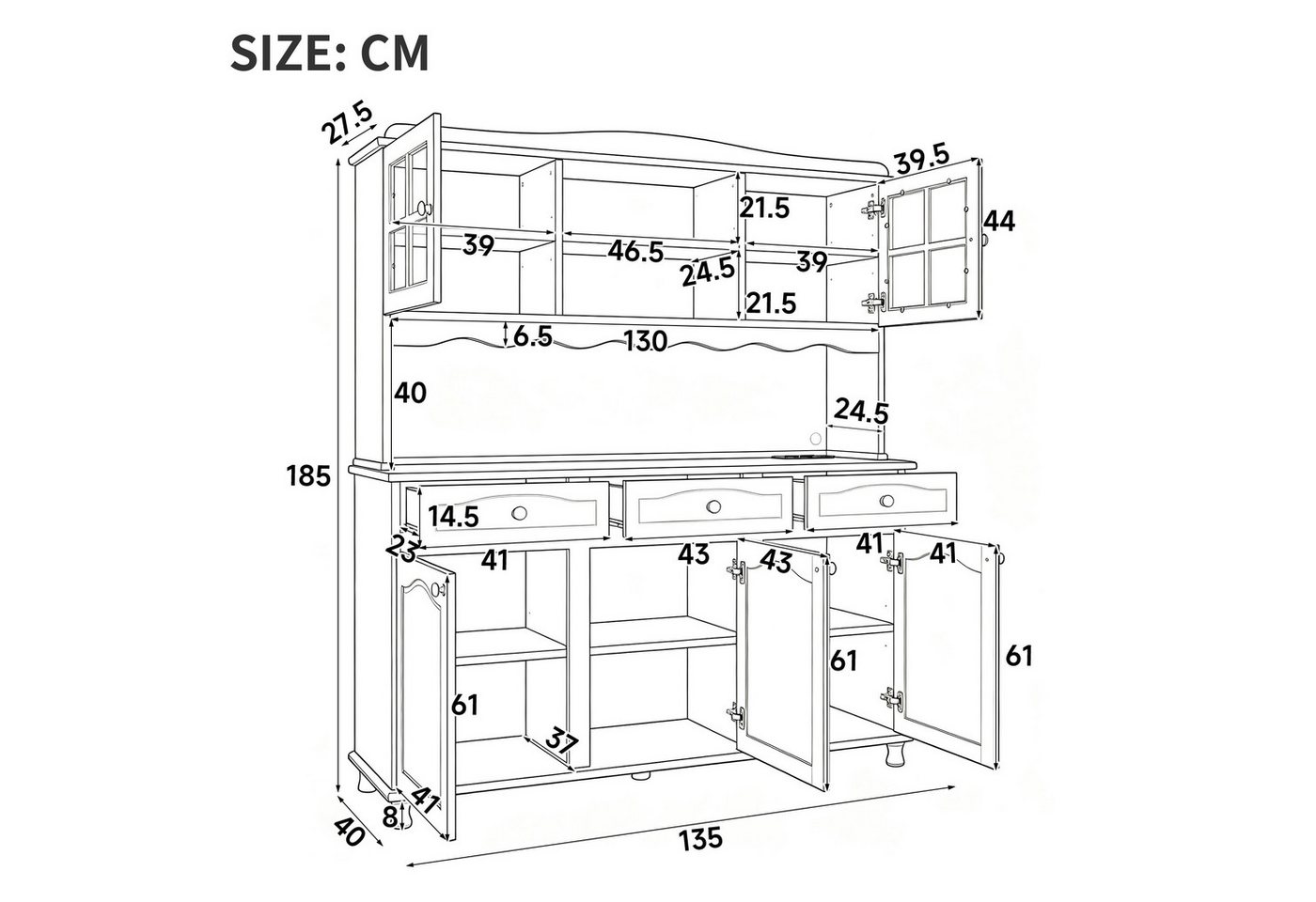Flieks Küchenbuffet Hochschrank Glasvitrine mit Arbeitsplatte, Steckdosen, LED-Beleuchtung (B135/T40/H185 cm, 1-St., verstellbare Einlegeböden, Retro-Rohrfuß, Ladenfunktion) multifunktionaler Vorratsschrank mit Glastüren, Schubladen Weiß Bild 2