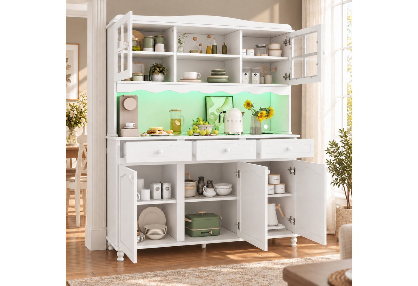 Flieks Küchenbuffet Hochschrank Glasvitrine mit Arbeitsplatte, Steckdosen, LED-Beleuchtung (B135/T40/H185 cm, 1-St., verstellbare Einlegeböden, Retro-Rohrfuß, Ladenfunktion) multifunktionaler Vorratsschrank mit Glastüren, Schubladen Weiß Bild 4