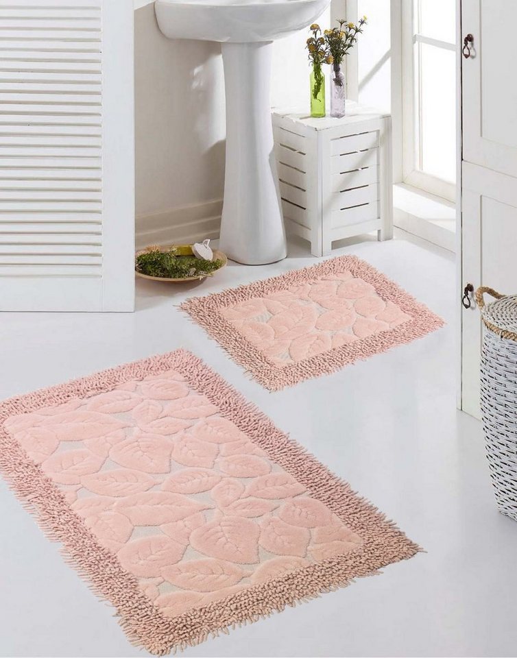 Carpetia Teppich Badematten Set 2-teilig Blätter Design rutschfest waschbar - rosa, rechteckig, Höhe: 7.5 mm Bild 5