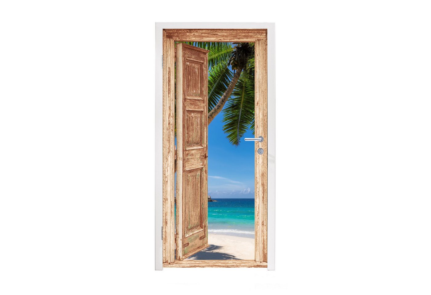 MuchoWow Türtapete Hellbraune Tür - Durchsichtig - Palme - Strand, Matt, bedruckt, (1 St), Selbstklebende Tapete, Folie für Möbel, 75x205 cm