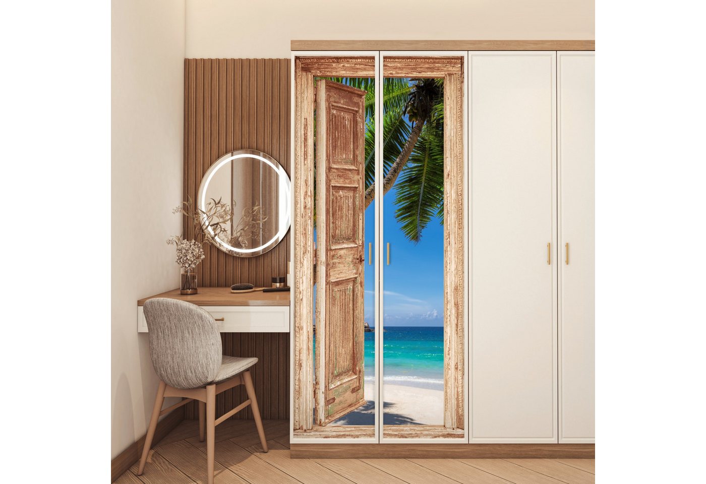 MuchoWow Türtapete Hellbraune Tür - Durchsichtig - Palme - Strand, Matt, bedruckt, (1 St), Selbstklebende Tapete, Folie für Möbel, 75x205 cm Bild 2