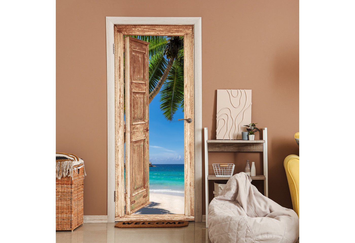 MuchoWow Türtapete Hellbraune Tür - Durchsichtig - Palme - Strand, Matt, bedruckt, (1 St), Selbstklebende Tapete, Folie für Möbel, 75x205 cm Bild 4