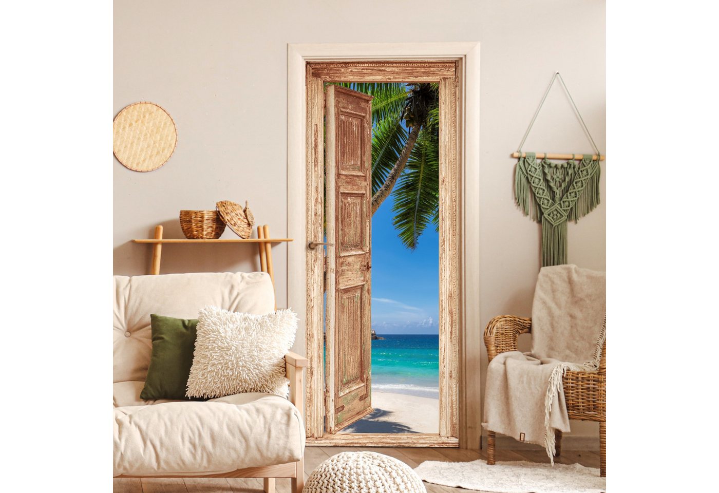 MuchoWow Türtapete Hellbraune Tür - Durchsichtig - Palme - Strand, Matt, bedruckt, (1 St), Selbstklebende Tapete, Folie für Möbel, 75x205 cm Bild 5