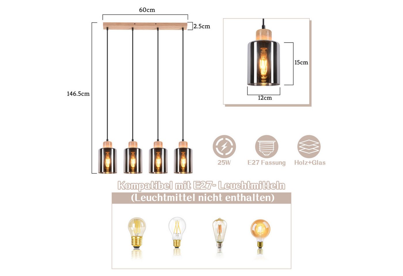 ZMH Pendelleuchte Holz 1/3/4 flammig,Hängelampe E27 aus Rauchglas, ohne Leuchtmittel, höhenverstellbare hängeleuchte für Esstisch und Esszimmer