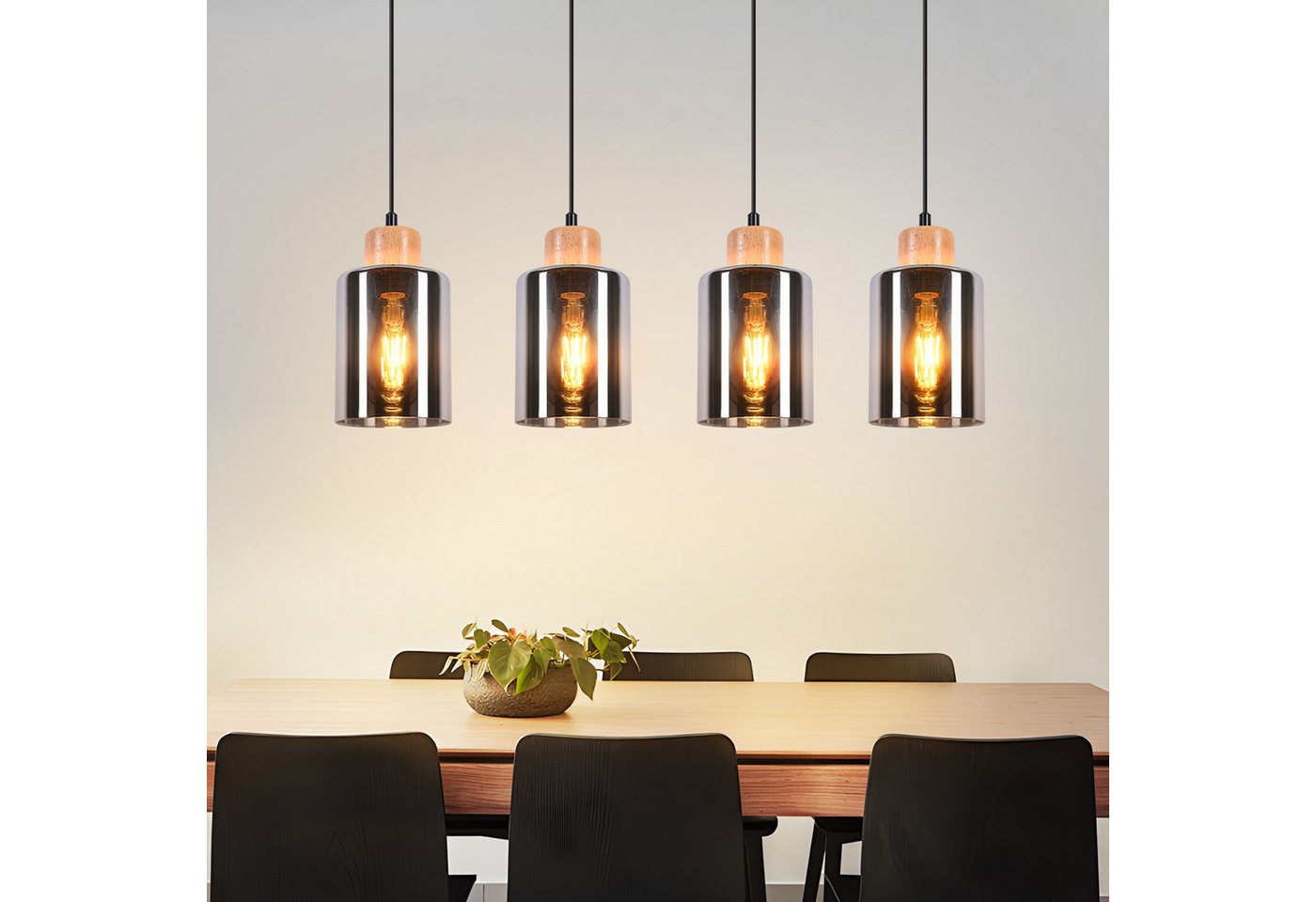 ZMH Pendelleuchte Holz 1/3/4 flammig,Hängelampe E27 aus Rauchglas, ohne Leuchtmittel, höhenverstellbare hängeleuchte für Esstisch und Esszimmer Bild 2