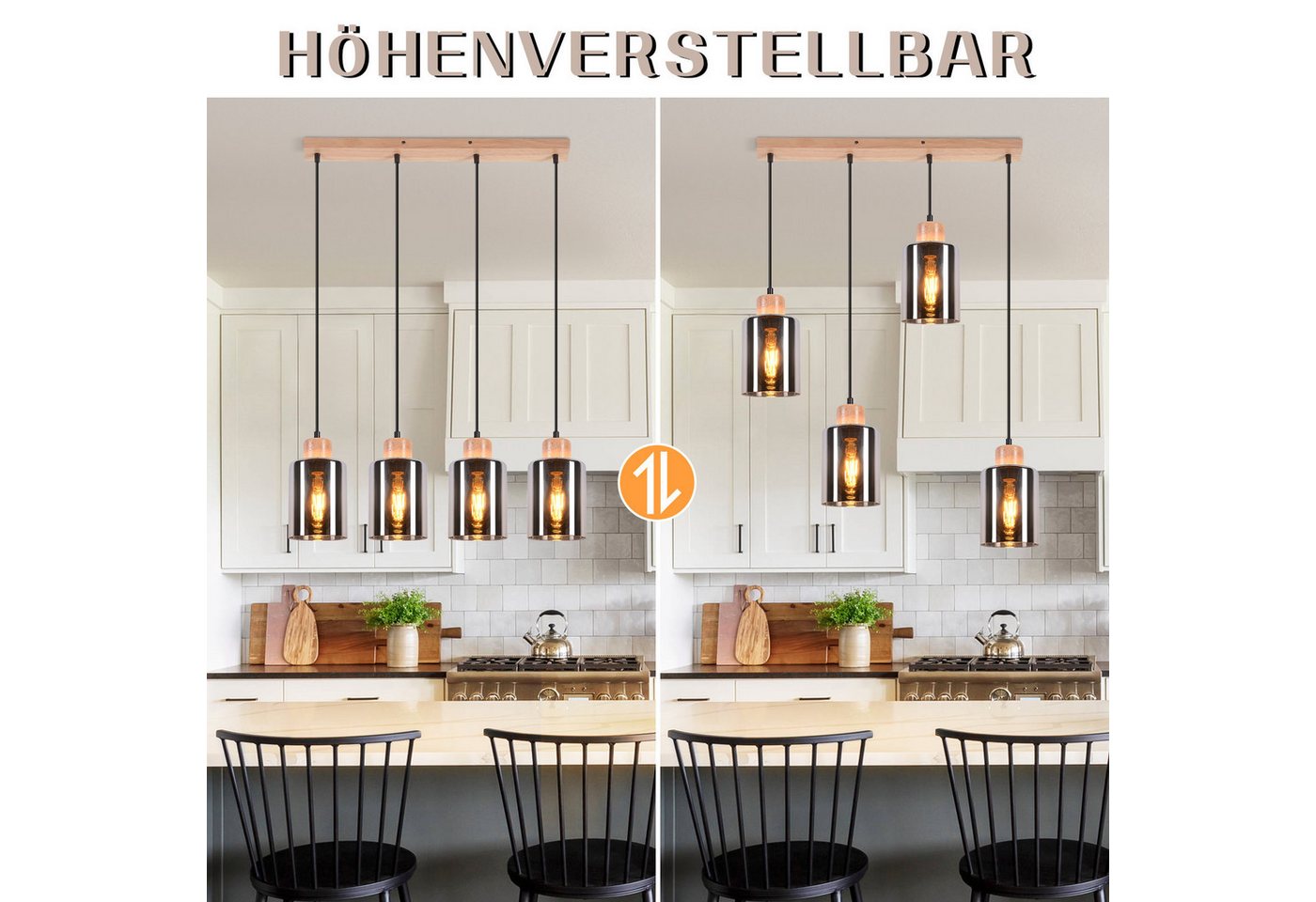 ZMH Pendelleuchte Holz 1/3/4 flammig,Hängelampe E27 aus Rauchglas, ohne Leuchtmittel, höhenverstellbare hängeleuchte für Esstisch und Esszimmer Bild 3