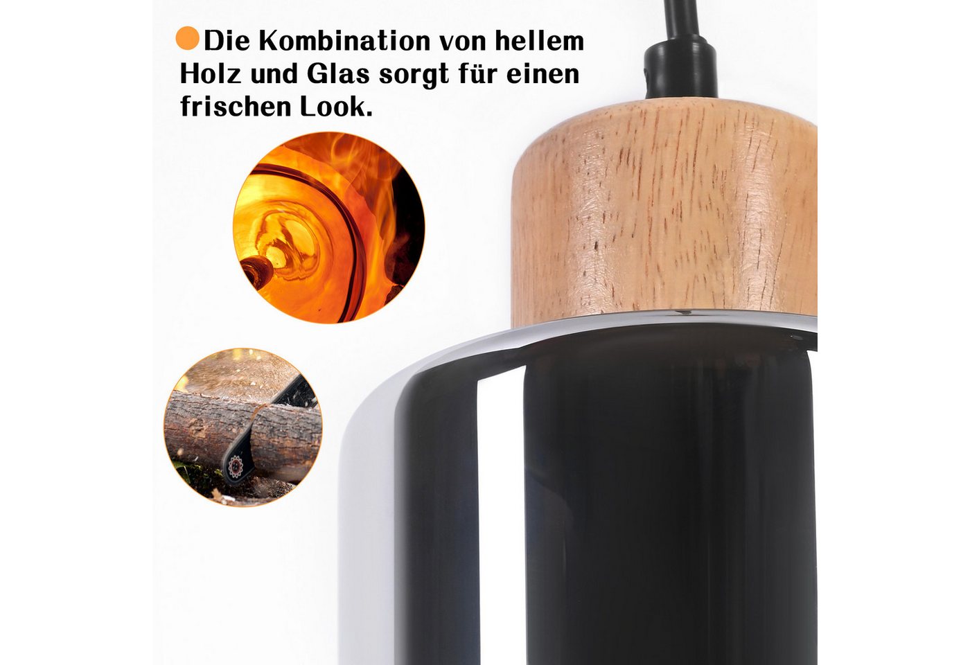 ZMH Pendelleuchte Holz 1/3/4 flammig,Hängelampe E27 aus Rauchglas, ohne Leuchtmittel, höhenverstellbare hängeleuchte für Esstisch und Esszimmer Bild 4