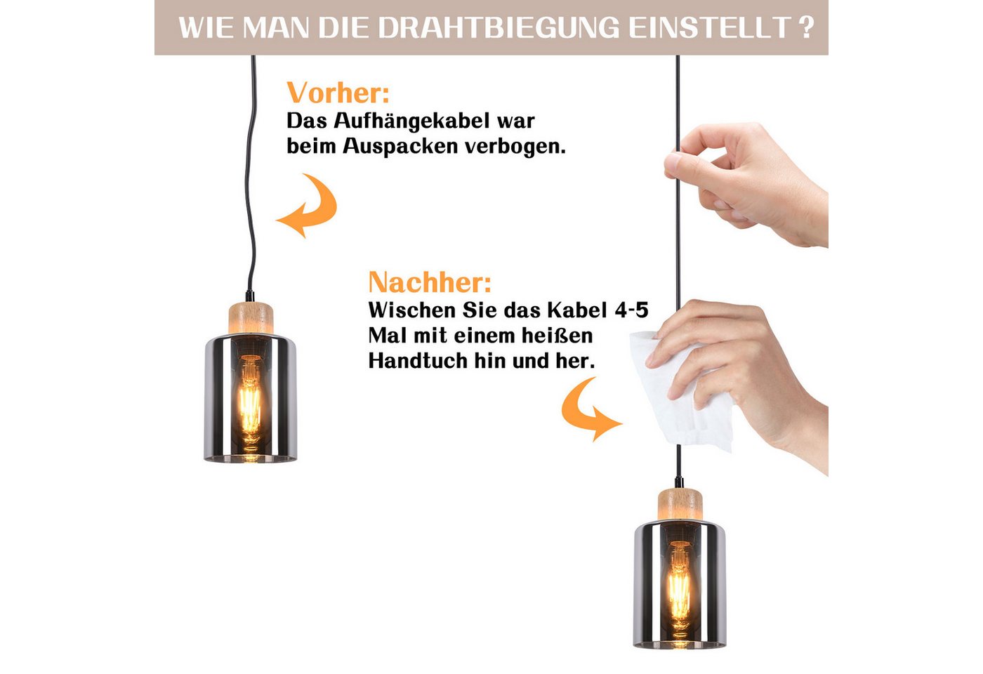 ZMH Pendelleuchte Holz 1/3/4 flammig,Hängelampe E27 aus Rauchglas, ohne Leuchtmittel, höhenverstellbare hängeleuchte für Esstisch und Esszimmer Bild 5