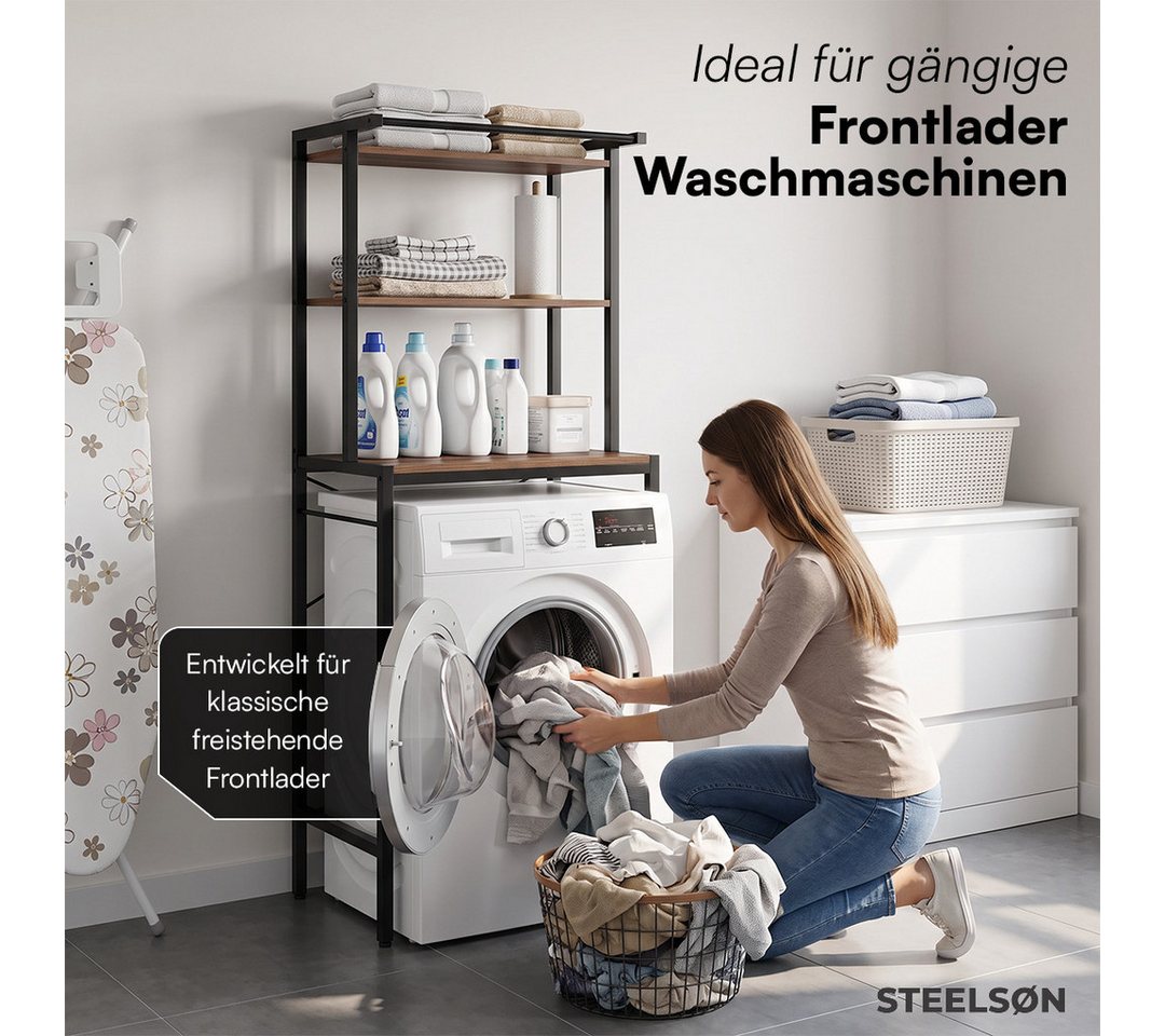 STEELSØN Waschmaschinenumbauschrank Aerial, Waschmaschinenregal schwarz, Metall, Überbauregal 3 Ablagen Waschmaschinenschrank mit Handtuchhalter, Toilettenregal