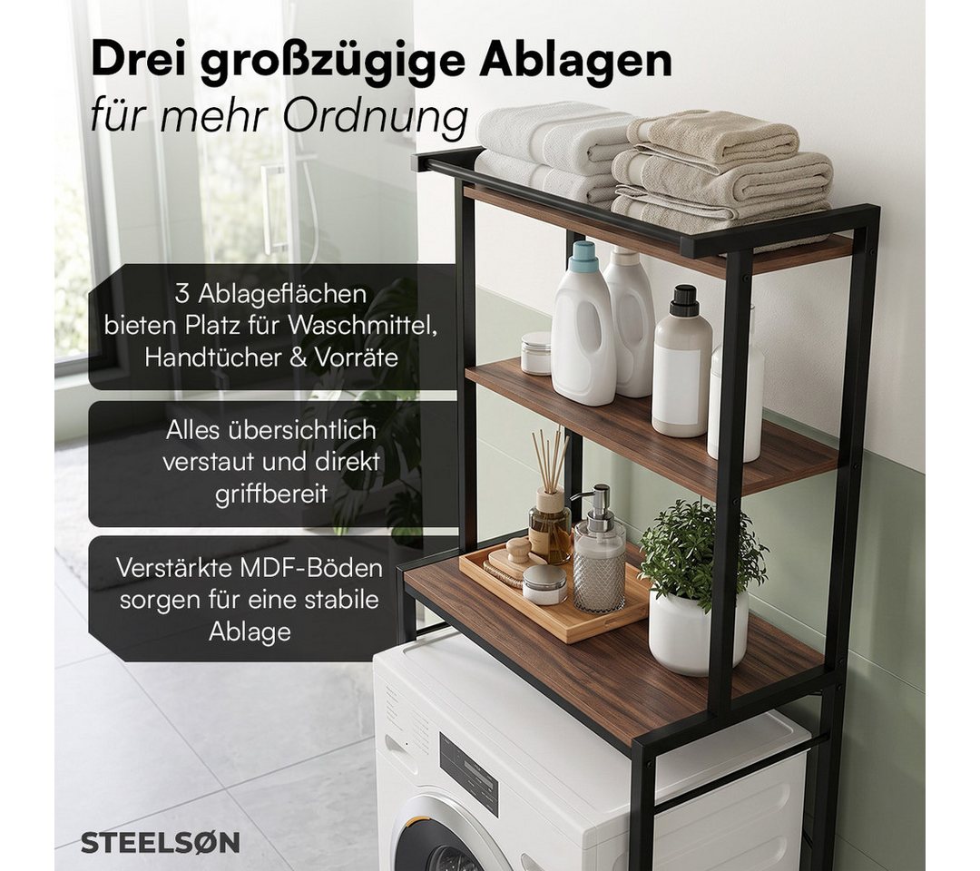 STEELSØN Waschmaschinenumbauschrank Aerial, Waschmaschinenregal schwarz, Metall, Überbauregal 3 Ablagen Waschmaschinenschrank mit Handtuchhalter, Toilettenregal Bild 2