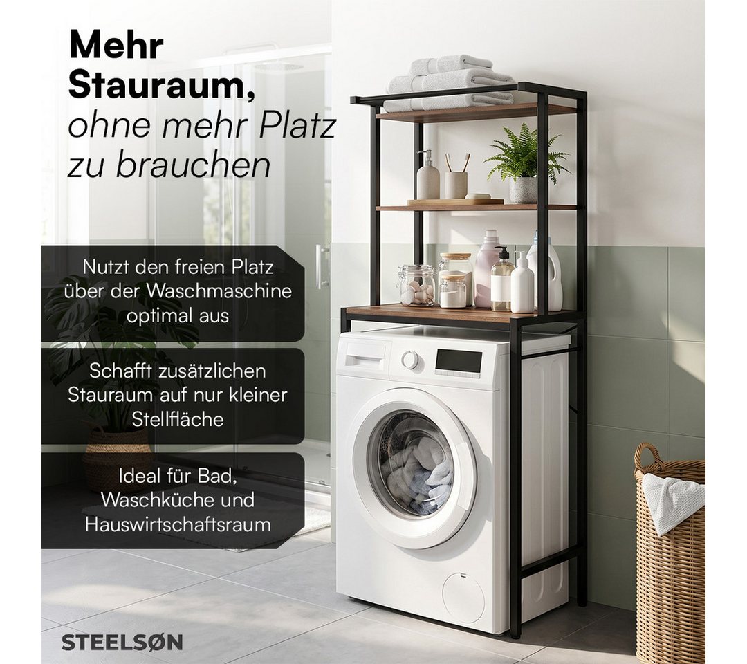 STEELSØN Waschmaschinenumbauschrank Aerial, Waschmaschinenregal schwarz, Metall, Überbauregal 3 Ablagen Waschmaschinenschrank mit Handtuchhalter, Toilettenregal Bild 3