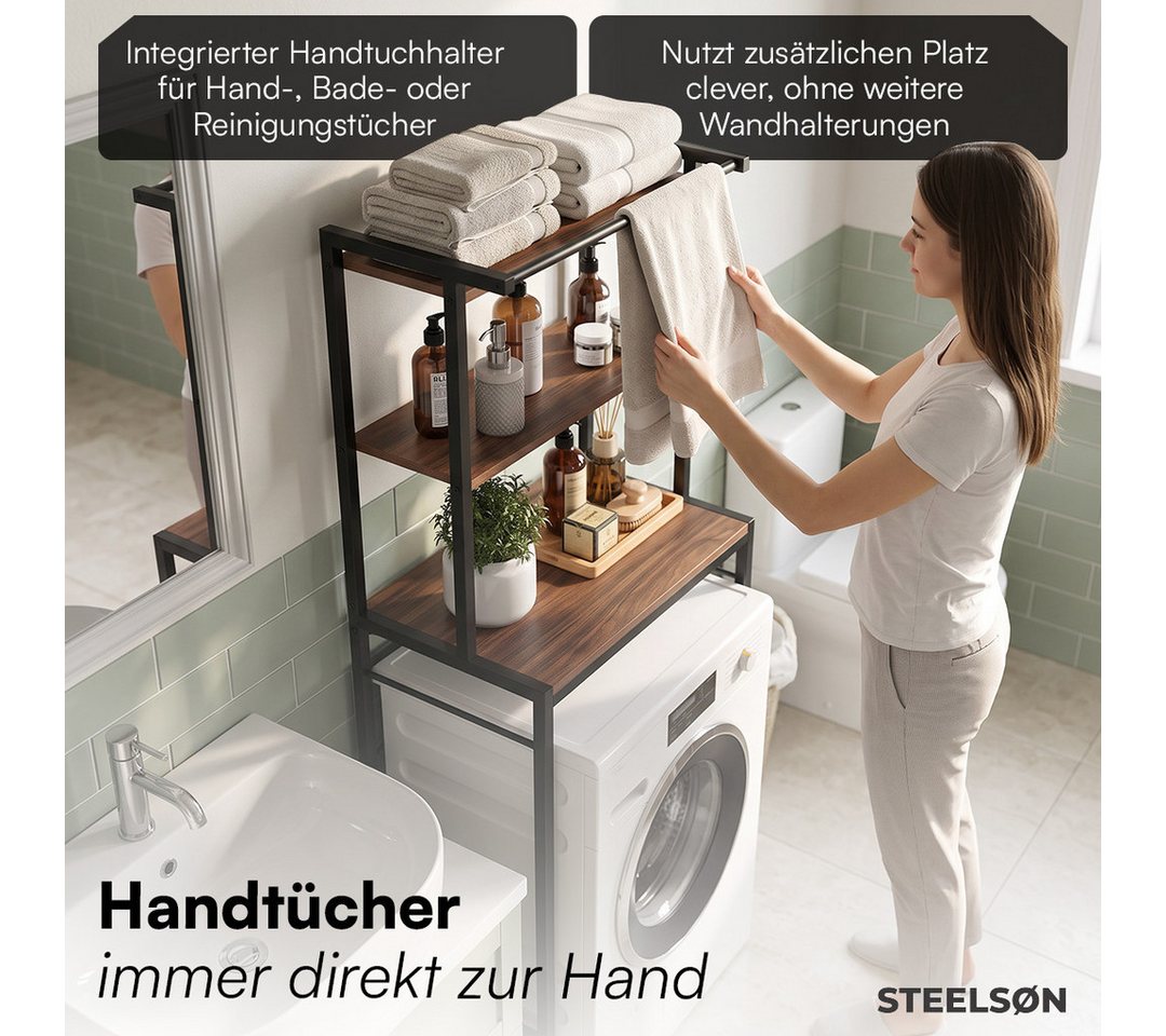 STEELSØN Waschmaschinenumbauschrank Aerial, Waschmaschinenregal schwarz, Metall, Überbauregal 3 Ablagen Waschmaschinenschrank mit Handtuchhalter, Toilettenregal Bild 4