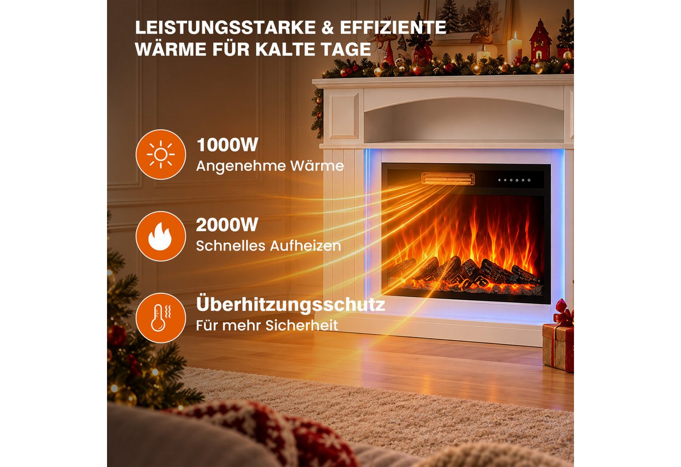 HOMAVO Elektrokamin mit Schrank, 23", 1000/2000W Heizung, 3D-Flammeneffekt, Schrankgröße: 100 × 26 × 87 cm, LED-Leiste, Fernbedienung