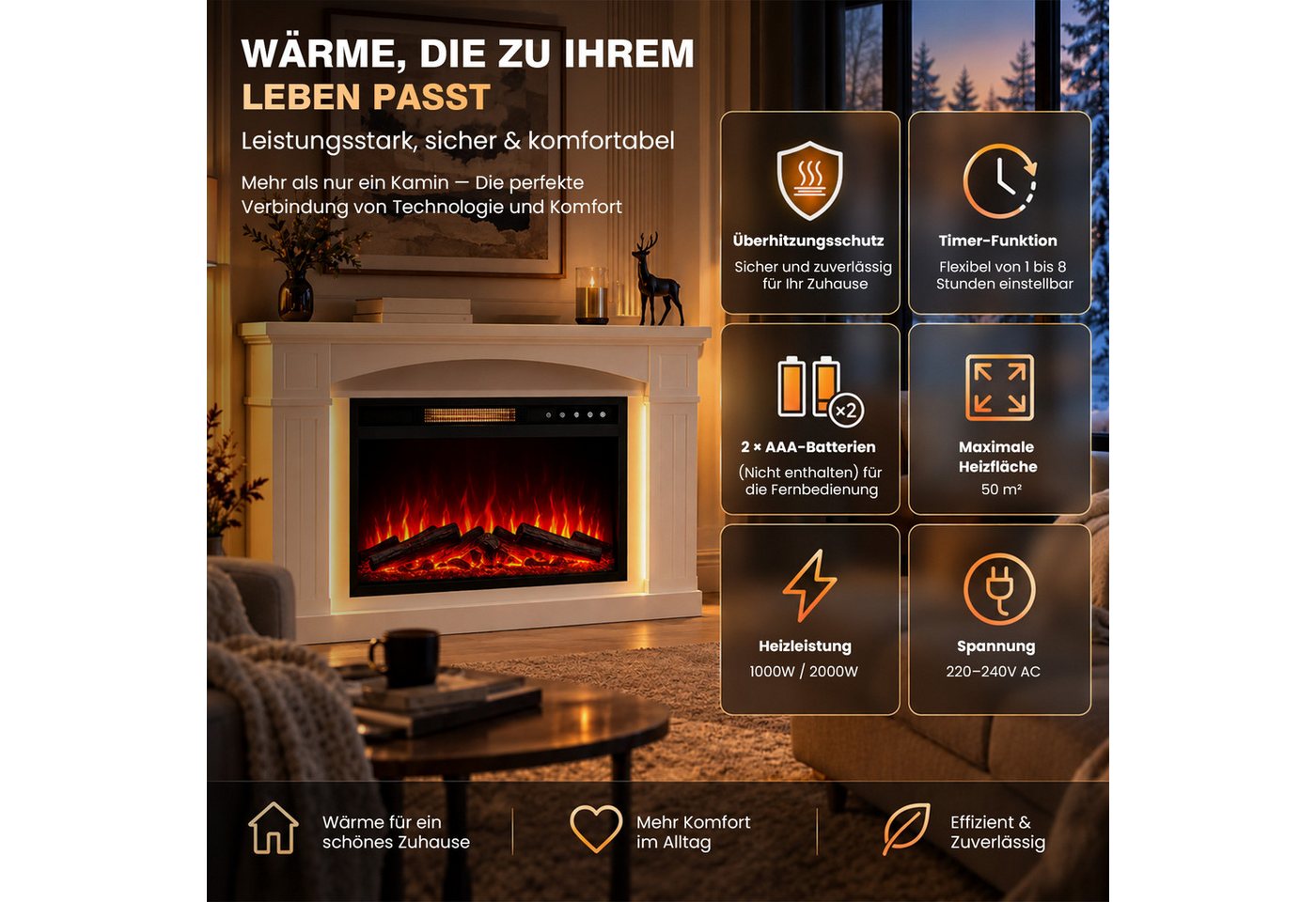 HOMAVO Elektrokamin mit Schrank, 23", 1000/2000W Heizung, 3D-Flammeneffekt, Schrankgröße: 100 × 26 × 87 cm, LED-Leiste, Fernbedienung Bild 2