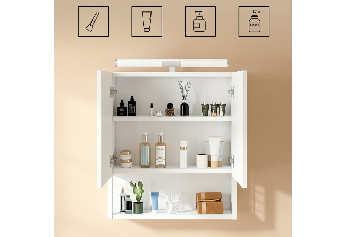 oyajia Spiegelschrank Badezimmerschrank, 13 x 56 x 60 cm, Badschrank, Wandschrank (mit LED-Beleuchtung) Badezimmerschrank mit 2 Türen, Holz