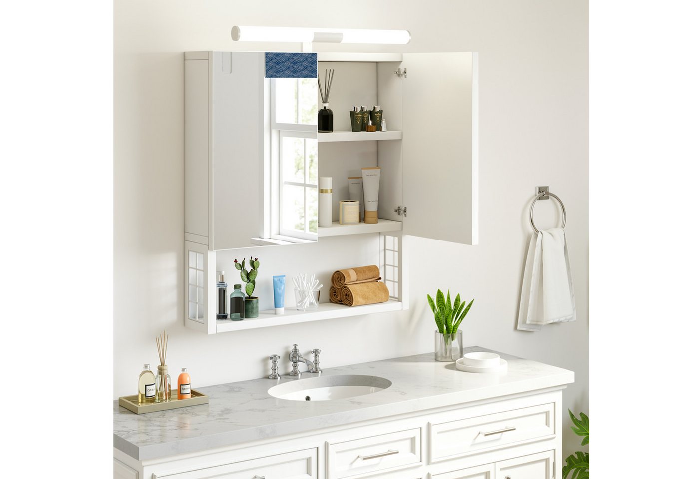oyajia Spiegelschrank Badezimmerschrank, 13 x 56 x 60 cm, Badschrank, Wandschrank (mit LED-Beleuchtung) Badezimmerschrank mit 2 Türen, Holz Bild 3