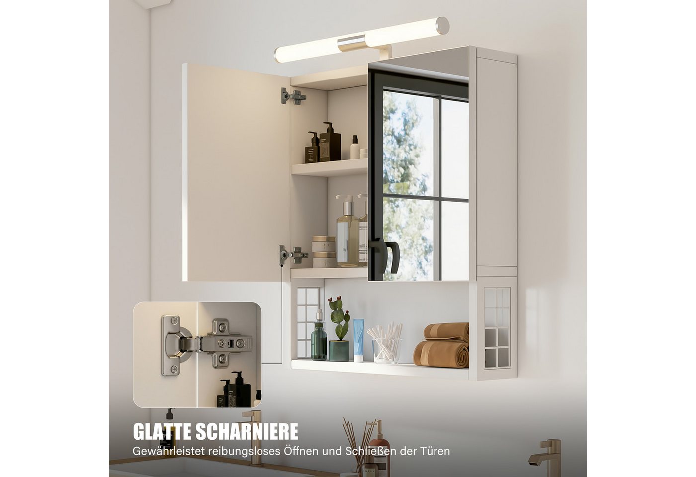 oyajia Spiegelschrank Badezimmerschrank, 13 x 56 x 60 cm, Badschrank, Wandschrank (mit LED-Beleuchtung) Badezimmerschrank mit 2 Türen, Holz Bild 5