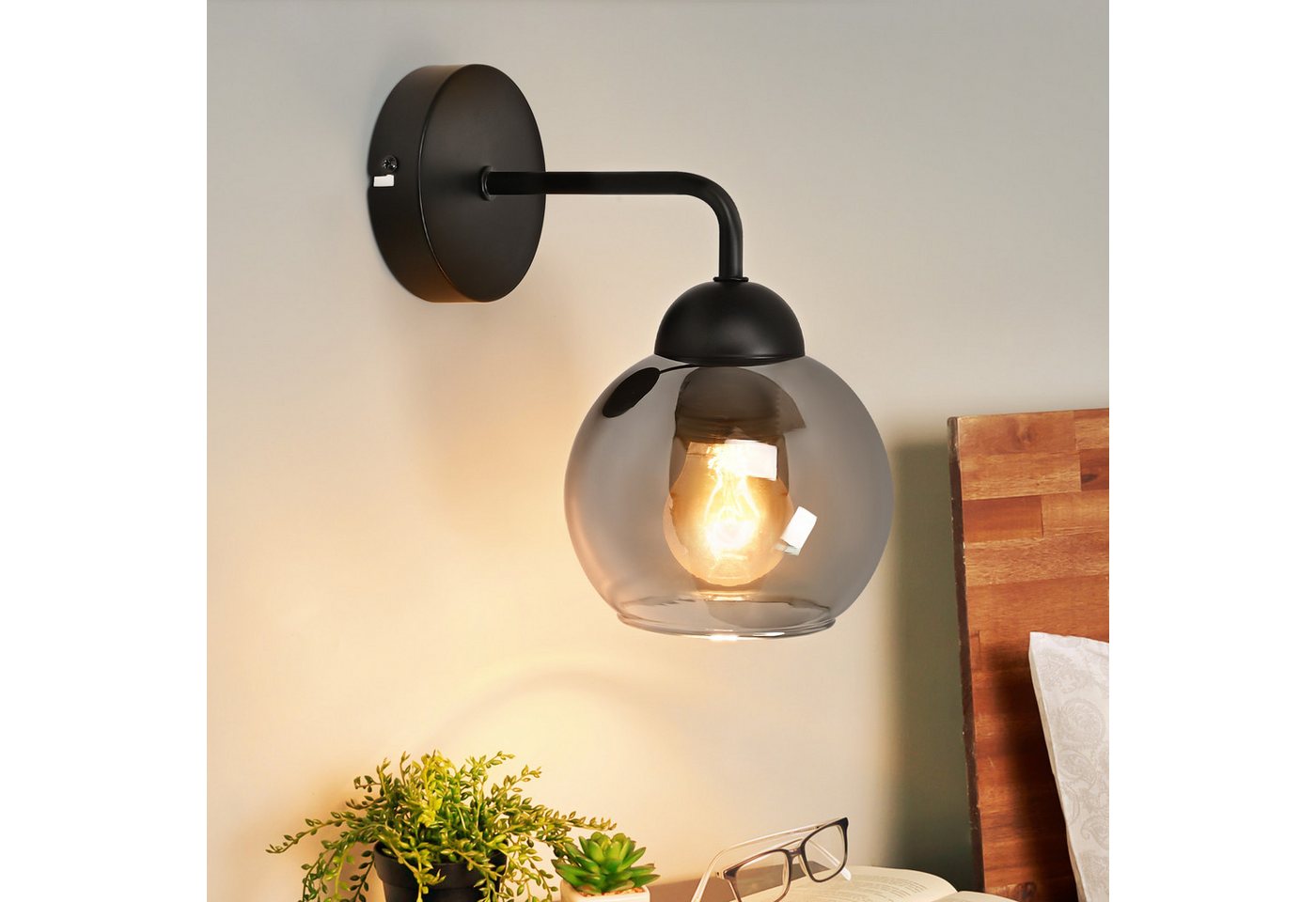 Nettlife Wandleuchte innen Vintage E27 Glas Schwarz Flurlampe industrial Wandbeleuchtung, LED wechselbar, Rund retro Bettlampe für Wohnzimmer Schlafzimmer Restaurant