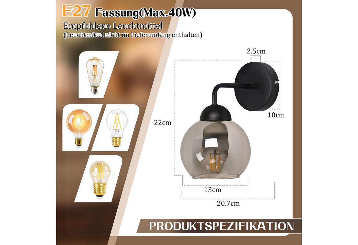 Nettlife Wandleuchte innen Vintage E27 Glas Schwarz Flurlampe industrial Wandbeleuchtung, LED wechselbar, Rund retro Bettlampe für Wohnzimmer Schlafzimmer Restaurant Bild 4