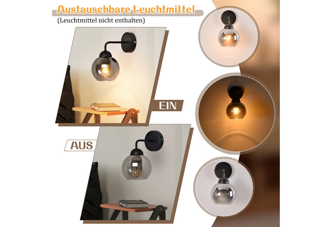 Nettlife Wandleuchte innen Vintage E27 Glas Schwarz Flurlampe industrial Wandbeleuchtung, LED wechselbar, Rund retro Bettlampe für Wohnzimmer Schlafzimmer Restaurant Bild 5