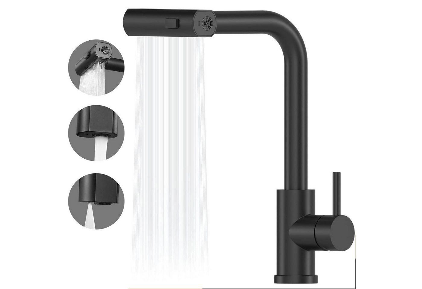 HOMELIVE Küchenarmatur Ausziehbar 360°Schwenkbar Drei Sprühfunktionen Spültischarmatur Küche mischbatterie ausziehbar Küchen-Einhandhahn,Schwarz Bild 2