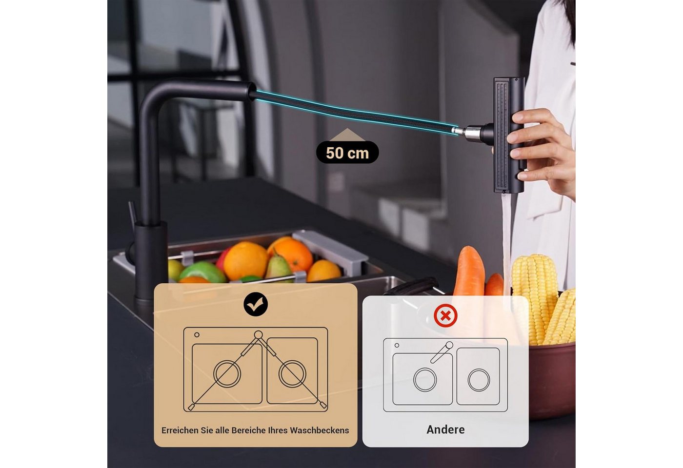 HOMELIVE Küchenarmatur Ausziehbar 360°Schwenkbar Drei Sprühfunktionen Spültischarmatur Küche mischbatterie ausziehbar Küchen-Einhandhahn,Schwarz Bild 3