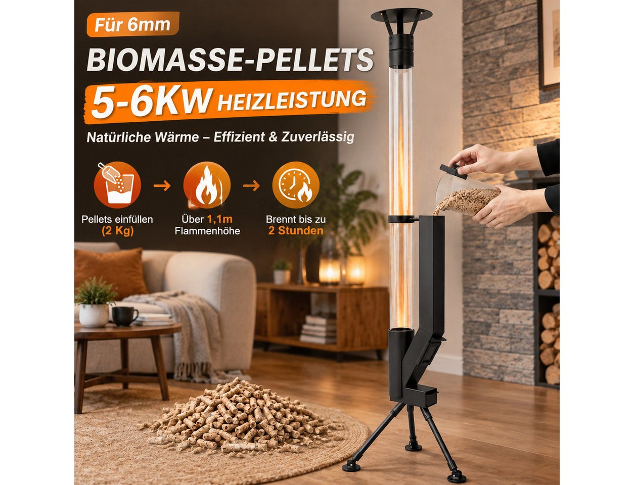 Ledklang Heizstrahler Pelletfackel Glasrohr,167CM,Outdoor Terrassenheizer,Stand, 6000 W, Terrassenfeuer Reinigungsbürste Feuersäule für Garten Brenndauer 2H