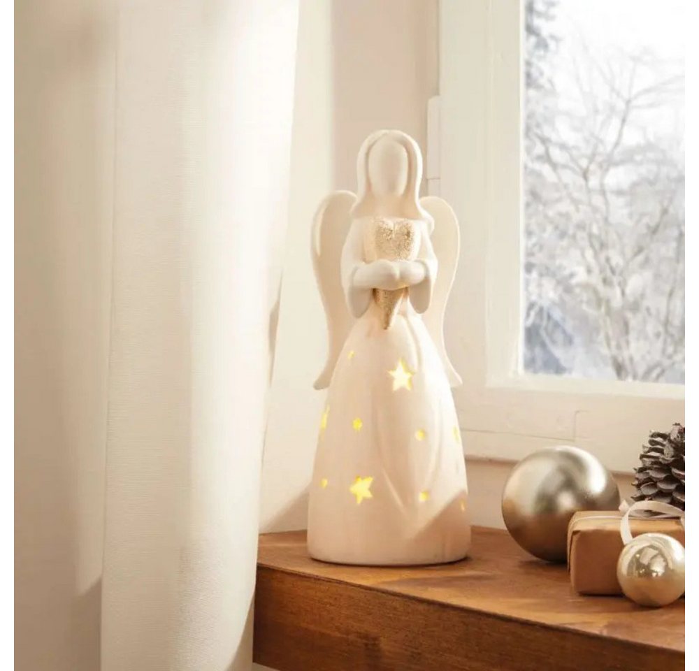 Home-trends24.de LED Dekofigur Engel mit Herz Windlicht weiss Porzellan Figur Weihnachten 20 cm Bild 2