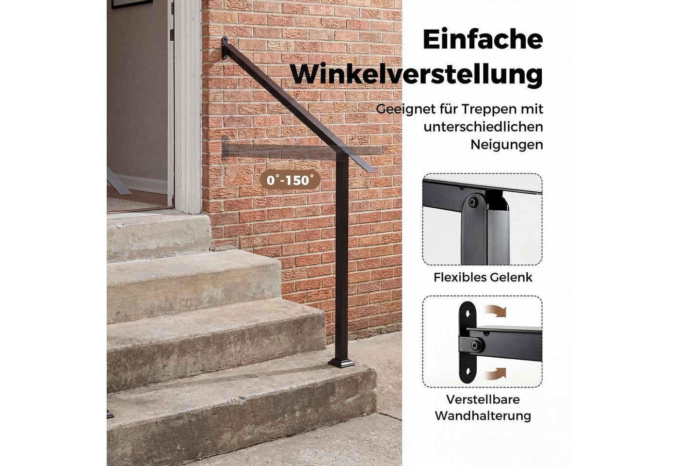 COSTWAY Treppengeländer, 99 cm Länge, 74 cm Höhe, Winkelverstellbarer Treppenhandlauf für 3 Stufen Bild 5