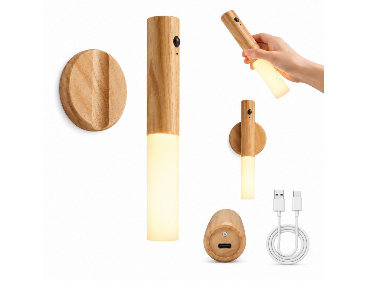 R2 Invest LED Nachtlicht mit Sensor – Magnetische Wandleuchte USB-C, Warmweiß Holzoptik