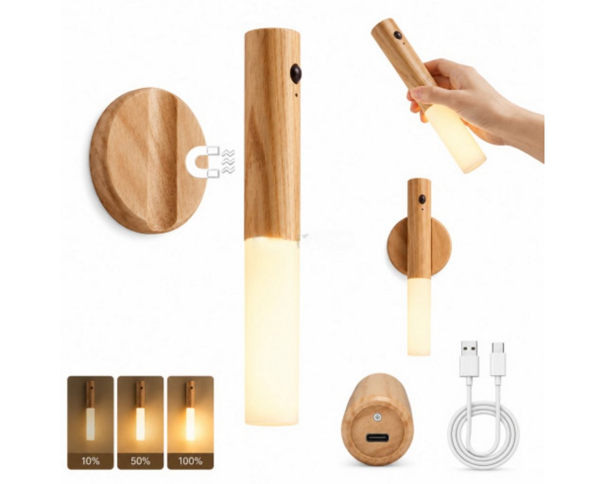 R2 Invest LED Nachtlicht mit Sensor – Magnetische Wandleuchte USB-C, Warmweiß Holzoptik Bild 2