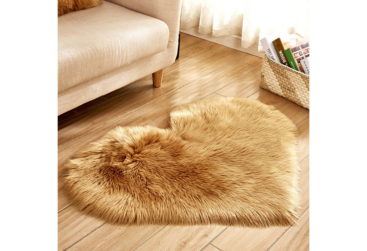 Jibenhome Hochflor-Teppich Herzförmiger Fellteppich,Kunstfell Schaffell,Hochflor Shaggy Teppiche, Khaki,40 cm x 50 cm, Höhe: 60 mm, Bodenteppich, Waschbarer Bild 3