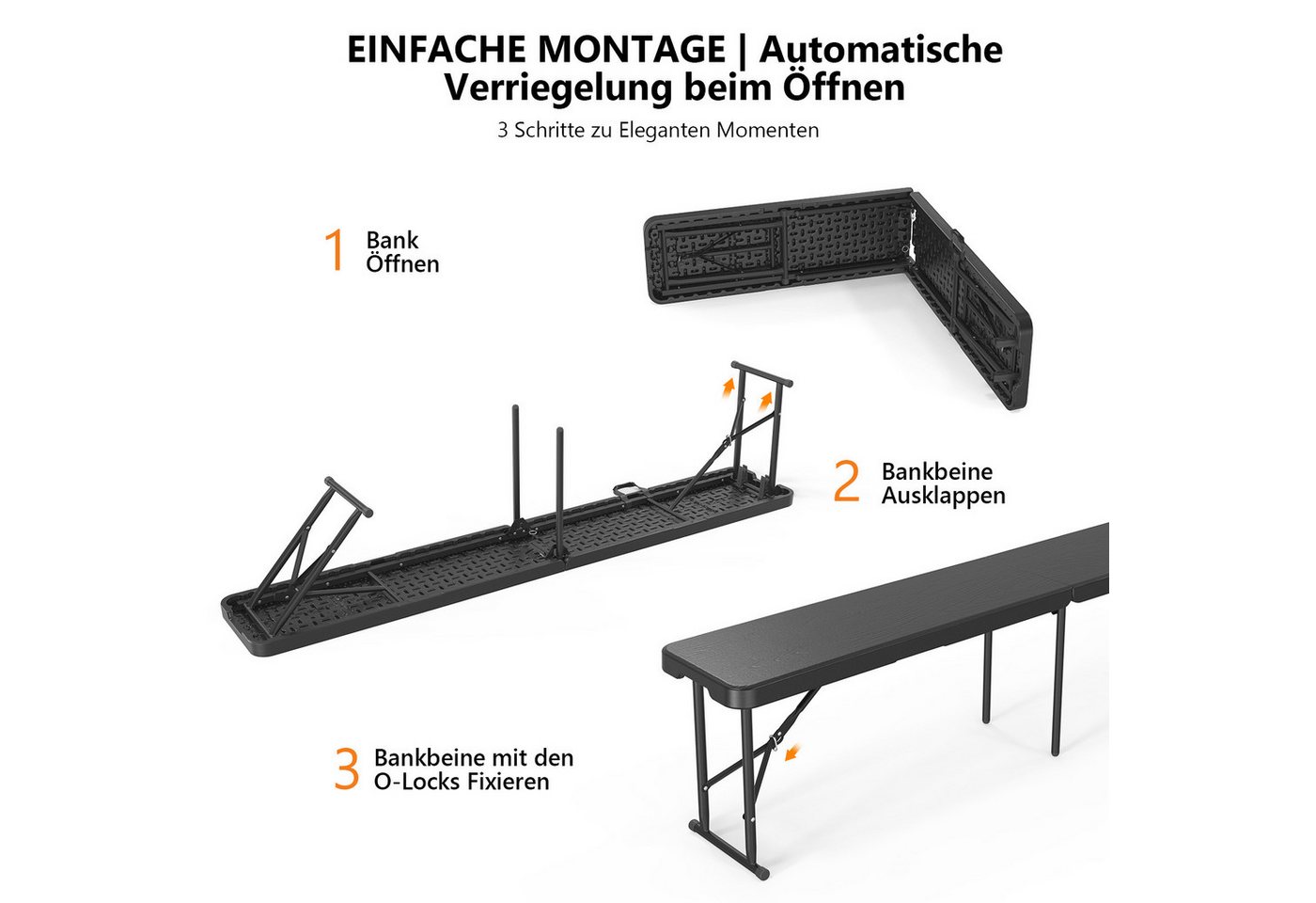 VINGLI Gartenbank Wetterfest aus Kunststoff, Klappbank, Sitzbank Flur, Bierbank (2-St), 182 x 28 x 43 cm, ideal für Garten, Camping & Outdoor Bild 3