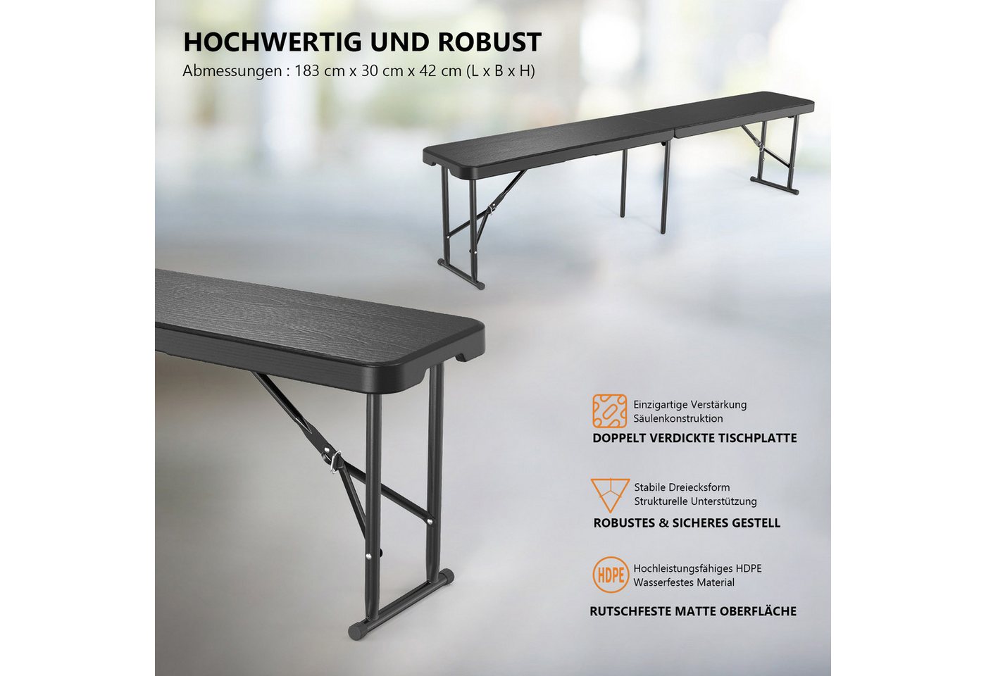 VINGLI Gartenbank Wetterfest aus Kunststoff, Klappbank, Sitzbank Flur, Bierbank (2-St), 182 x 28 x 43 cm, ideal für Garten, Camping & Outdoor Bild 4