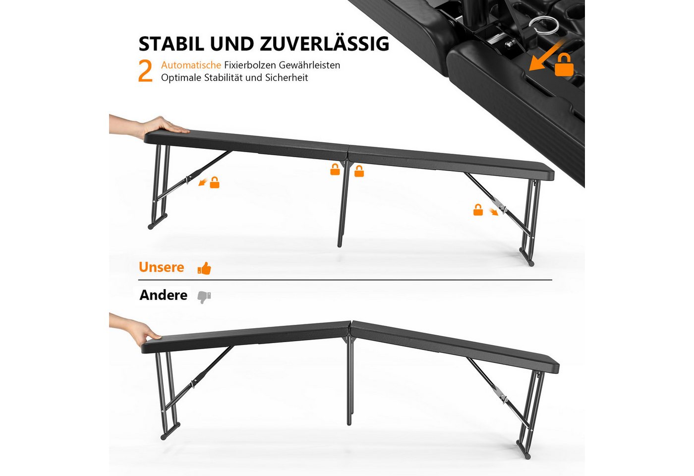 VINGLI Gartenbank Wetterfest aus Kunststoff, Klappbank, Sitzbank Flur, Bierbank (2-St), 182 x 28 x 43 cm, ideal für Garten, Camping & Outdoor Bild 5