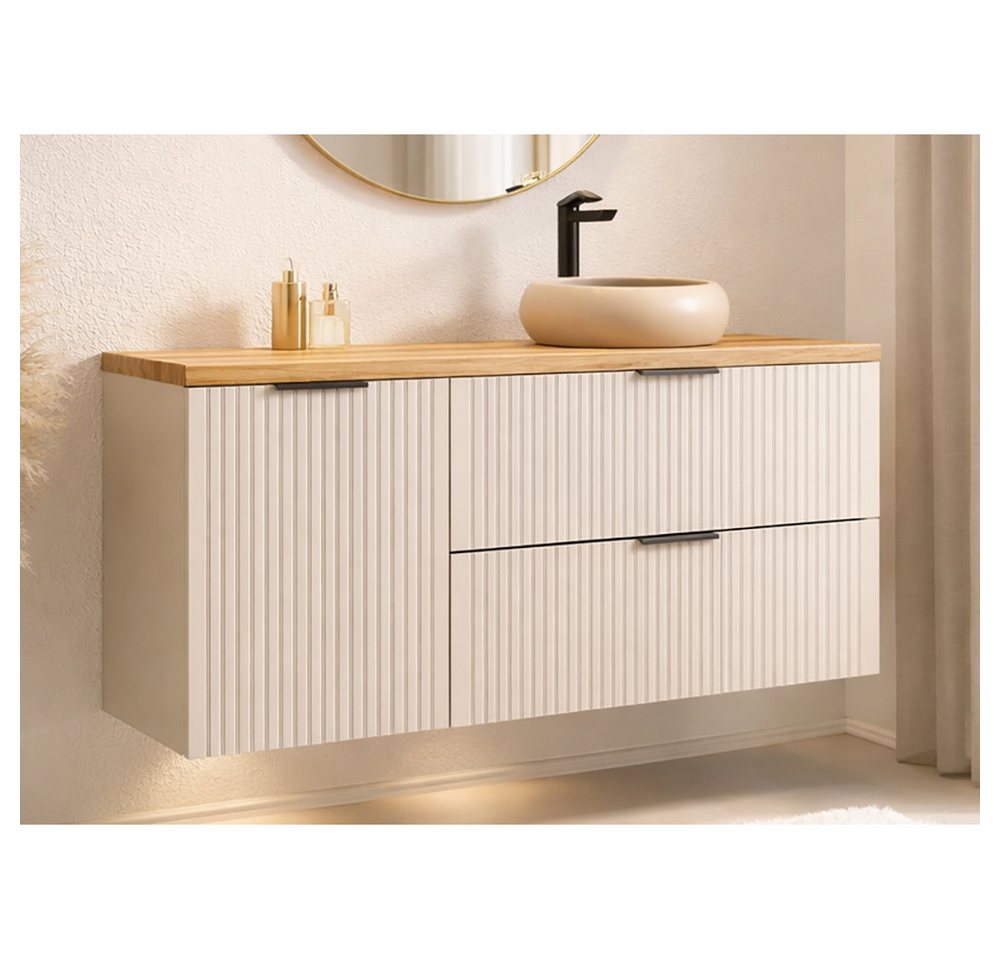 Lomadox Waschtisch ADELAIDE-56-CASHMERE, 120 cm breit in kaschmir und Eiche, gerillte Front, inkl. Wäschekorb Bild 3