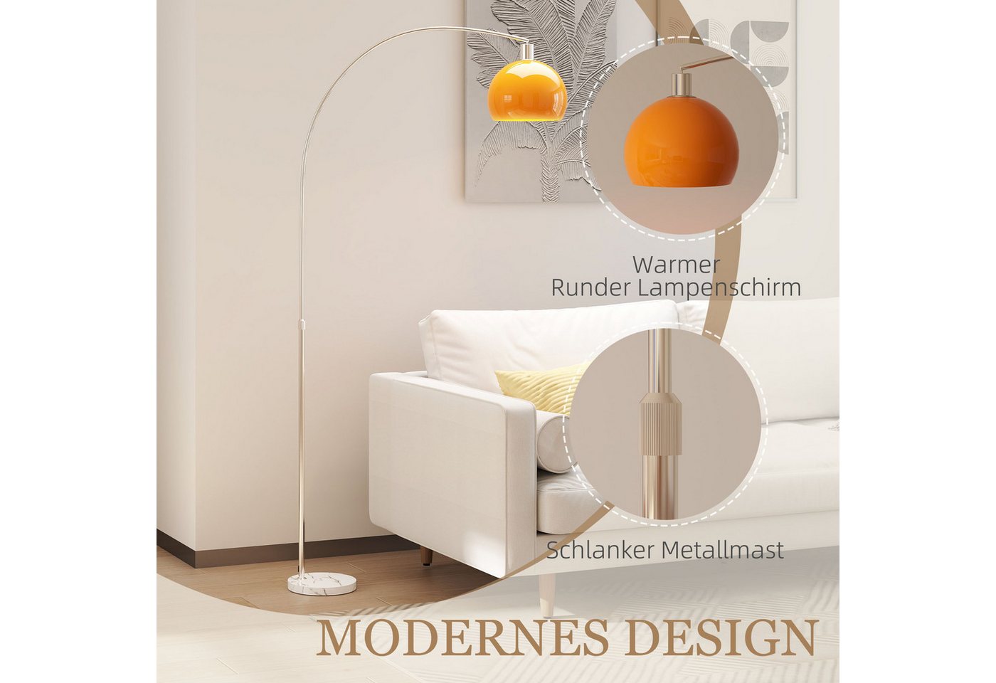 HOMCOM Stehlampe Wohnzimmer Stehleuchte im Bogen Design mit Marmorsockel, Ein-,Ausschalter, ohne Leuchtmittel, für Schlafzimmer Büro, exkl. Glühbirne