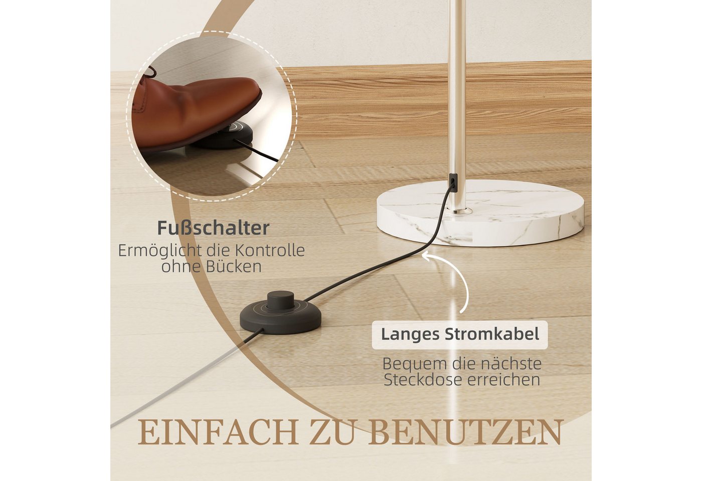 HOMCOM Stehlampe Wohnzimmer Stehleuchte im Bogen Design mit Marmorsockel, Ein-,Ausschalter, ohne Leuchtmittel, für Schlafzimmer Büro, exkl. Glühbirne Bild 5