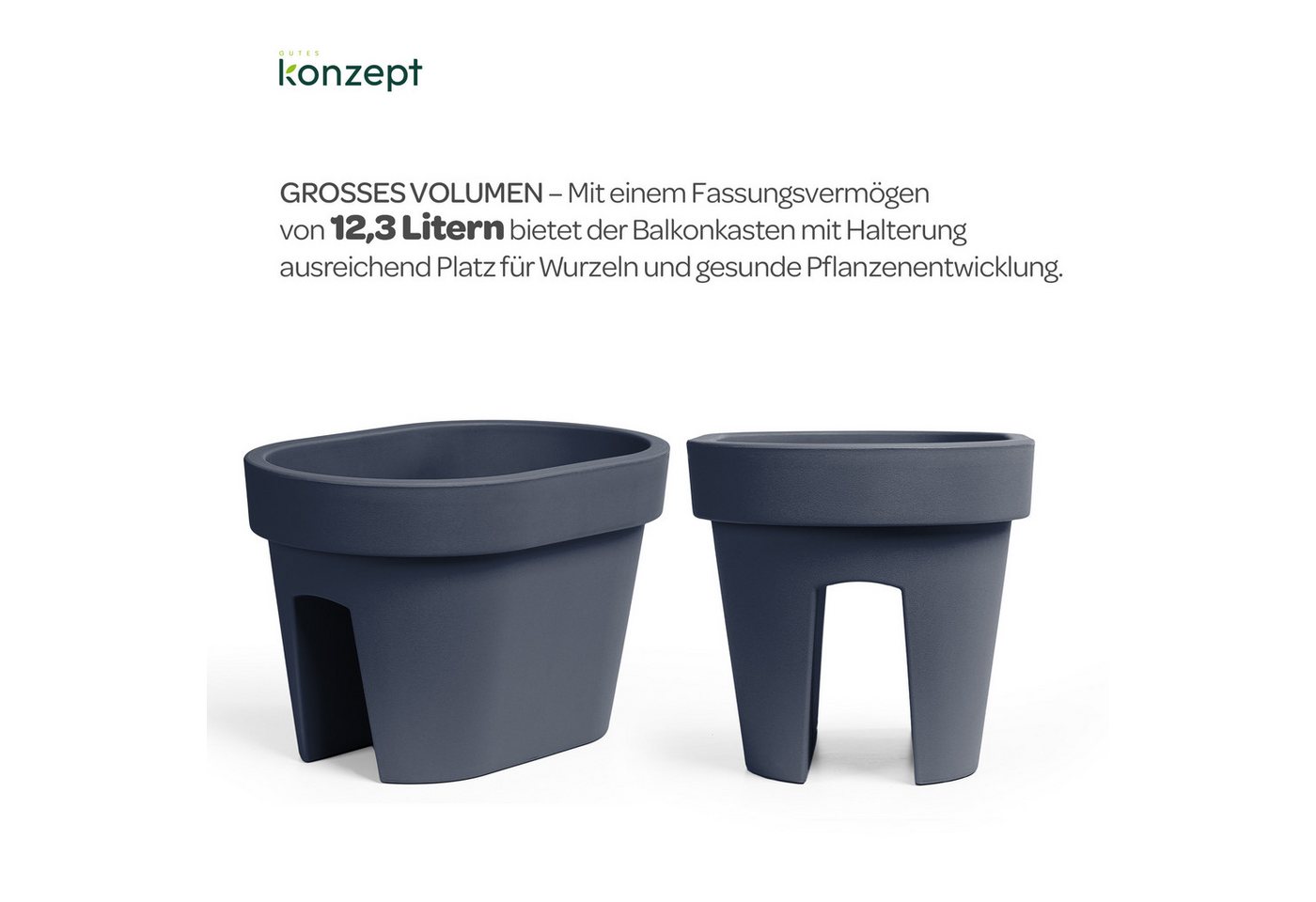 KONZEPT Blumenkasten für Balkongeländer, Geprägtem Rand, 12,3 L, Leicht, Rostbeständig, UV-beständig, Verrottungsbeständig, 40 x 27 cm