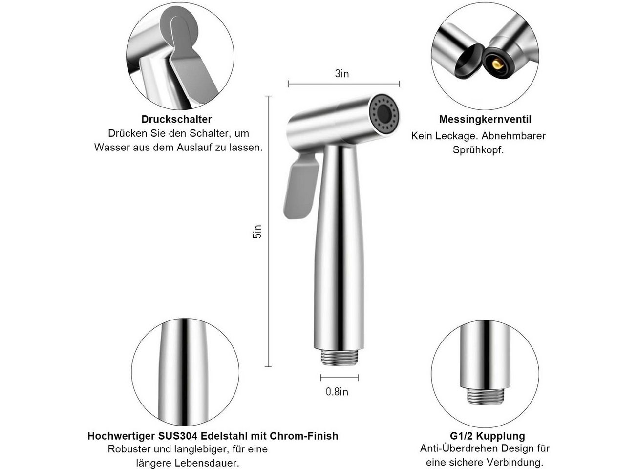 Fyrove Bidetarmatur Bidet Set - WC Brause für Intimdusche (Set, Brause mit Brauseschlauch, Halterung, 2 Dichtungen und Montagematerial, Handbrause, Schlauch, Halter rostfreier Edelstahl - inkl. 2 Dichtungen)